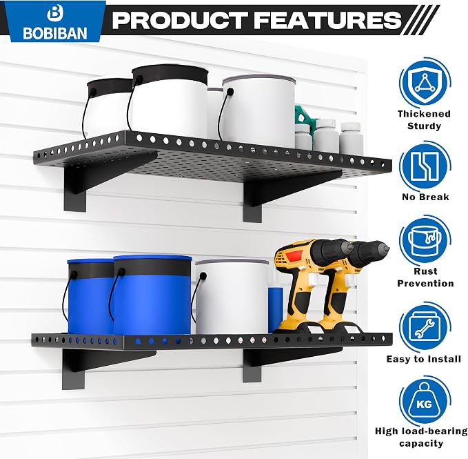 4 Pack Slatwall Shelves, Heavy Duty Black Metal Slat Wall Shelf for Retail, Garage, Home Storage, 110 lbs Load Capacity, Universal Slatwall Accessories (14 x 24 Inch-4, Black)