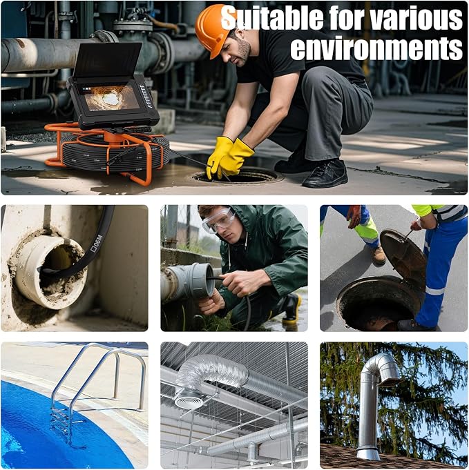 Sewer Camera 100FT/30M 7" IPS Screen Pipe Inspection Camera Borescopes Plumbing DVR & Audio Recorder 23mm with 32GB Card 12 LEDs HD 1000TVL Endoscope