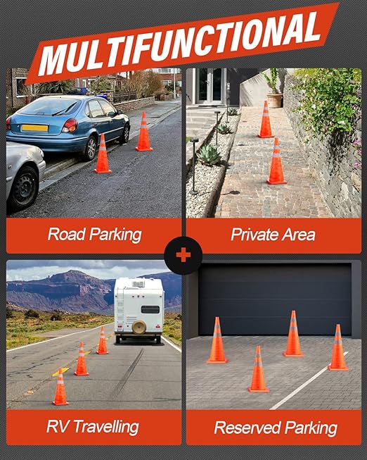 RoadHero 28 Inch 4 Pack Collapsible Traffic Safety Cones, Multi Purpose Pop-up Cones with Reflective Collar for Road Safety, Orange Cones for Driving Training, Parking Lots