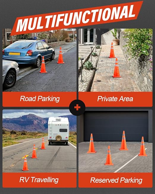 RoadHero 18 Inch 8 Pack Collapsible Traffic Cones, Multi Purpose Pop-up Orange Cones with Reflective Collar for Road Safety, Parking Cones for Sports, Driving Training
