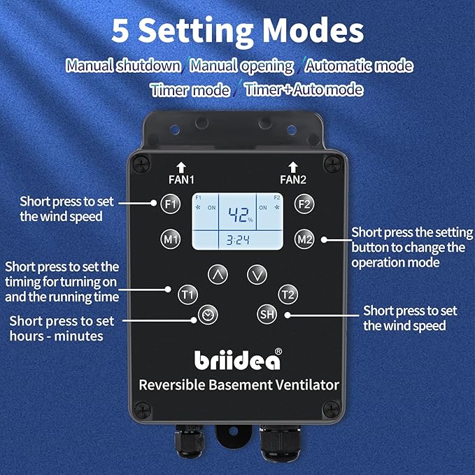 Reversible Basement Ventilation Fan with Dual 100 CFM Fans, Independent Speed Control, Smart Humidity & Timer Modes, Real-Time Display, Fresh Air Supply & Exhaust for Basement, Storeroom, Wine Cellar