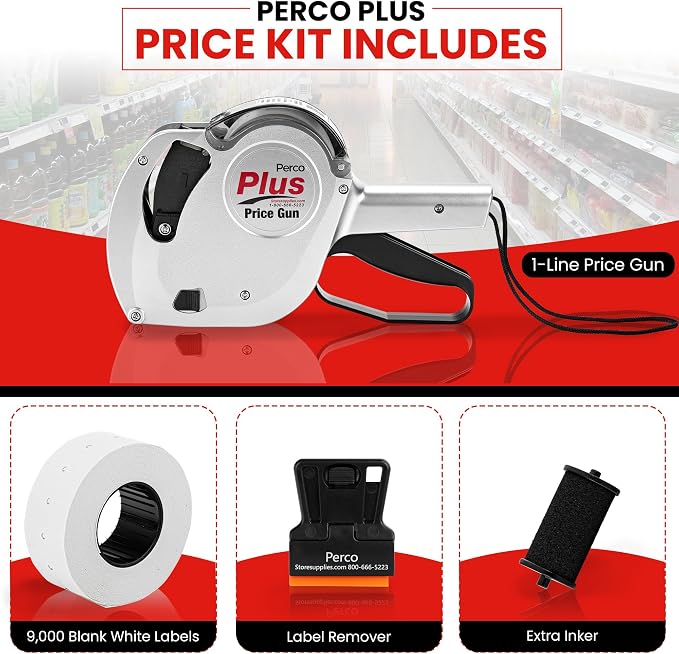 Perco Plus 1-Line Price Marking Gun with Labels Kit - Compares to Monarch 1131-01 Band Includes 1-Line 8-Character Band Price Labeler Gun, 9,000 Blank White Labels, a Label Scraper, and an Extra Inker