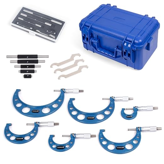 6 Pcs Outside Micrometer Set, Professional Precision Machinist Tool, 0-1"/1-2"/2-3"/3-4"/4-5"/5-6" Measuring Range, 0.0001" Graduation, Professional Accuracy for Metalworking & Engineering
