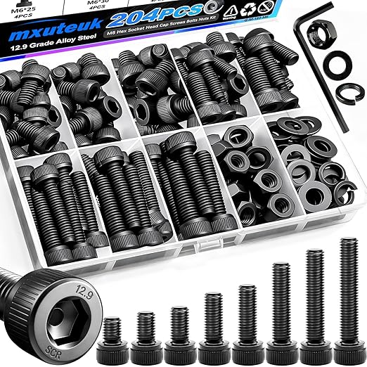 mxuteuk 204PCS M6 Screws,M6x8/10/12/16/20/25/30/35mm Hex Socket Head Cap Bolts with Nuts & Washers,12.9 Grade Alloy Steel Black Zinc Screws Assortment Kit for 3D Printing,DIY