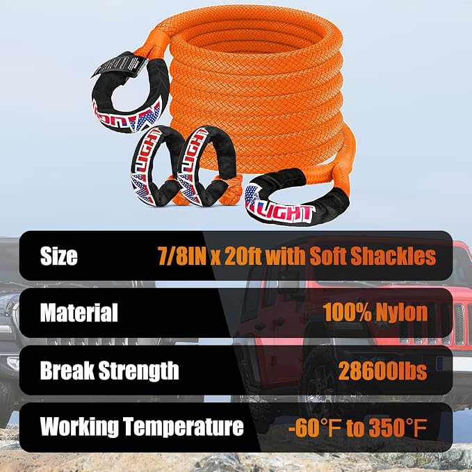 Nilight Kinetic Recovery Tow Rope 7/8" x 20ft (28,600LBS) with 2 Soft Shackle 1/2" x 24" Snatch Strap Heavy Duty Offroad Towing Strap kit for UTV ATV SUV Truck Car Jeep Tractor
