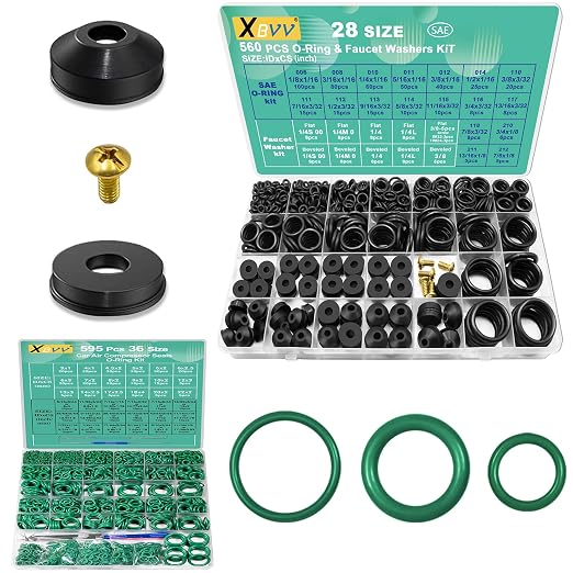 XBVV 560 Pcs Faucet Rubber Washers and SAE O Ring and 595 Pcs Air Conditioning O-Ring Kit for Automotive A/C, Compressor and Professional Faucet Plumbing Seal Orings Repair
