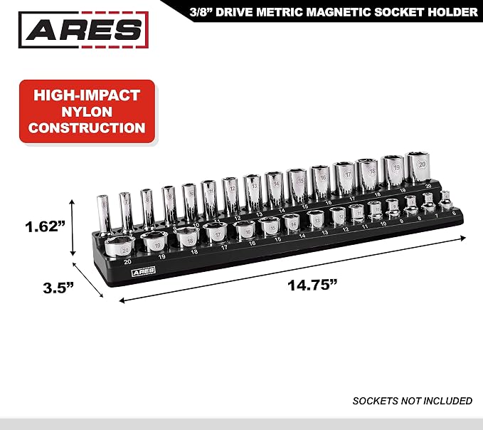 ARES 70235-30-Piece 3/8-Inch Metric Magnetic Socket Holder - Securely Holds 15 Standard and 15 Deep Size Sockets in Place - Keeps Your Tool Box Organized