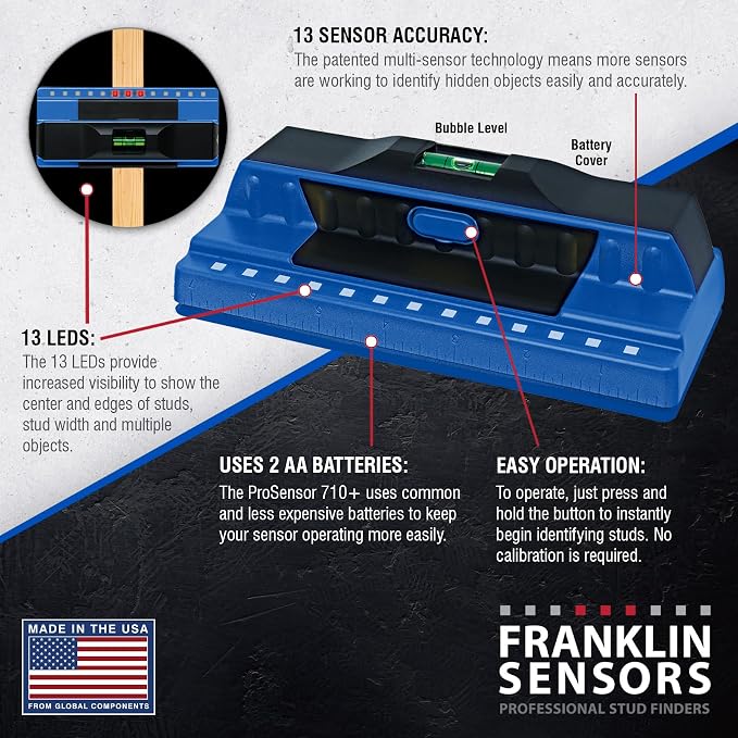 Franklin Sensors ProSensor 710+ Stud Finder with 13-Sensors, Wood & Metal Stud Detector/Wall Scanner, Built-in Bubble Level, Blue, Made in the USA