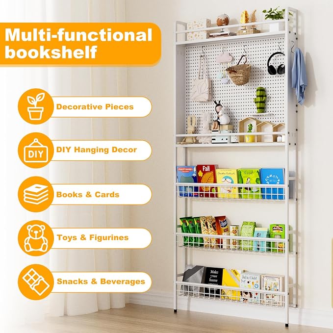 Behind the Door Bookshelf, Space Saving Metal Slim Shelf After Door | Tall Narrow Wall Mounted Storage Cabinet, Behind Door Standing Bookcase with Hooks for Books Bedroom Living Room Office