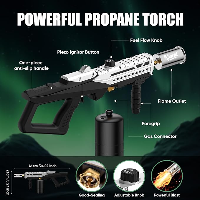 KOACKL Powerful Propane Torch Gun, Kitchen Torch with Adjustable Flame, Flamethrower Blow Torch Gun, Gas Welding Kits for BBQ, Searing, Camping & Charcoal Torch Lighter(Tank Not Included)