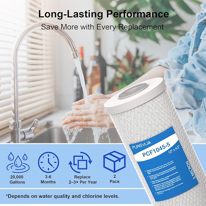5 Micron 10" x 4.5" Whole House CTO Coconut Shell Activated Carbon Water Filter Replacement Cartridge, Compatible with WFHDC8001, FXHTC, GXWH40L, GXWH35F, CB-BB-10, FC15B, CTO10BB, 2-Pack