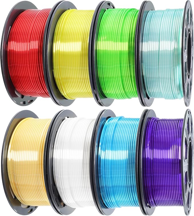 MIKA3D 1.75mm 3D Printer Silk Shiny PLA Filament 8 Spools Bundle, Silk Luster Red Orange Yellow Green Cyan Blue Purple White 8 Most Popular Shining Colors, 0.25kg/Spool, Total 2kg