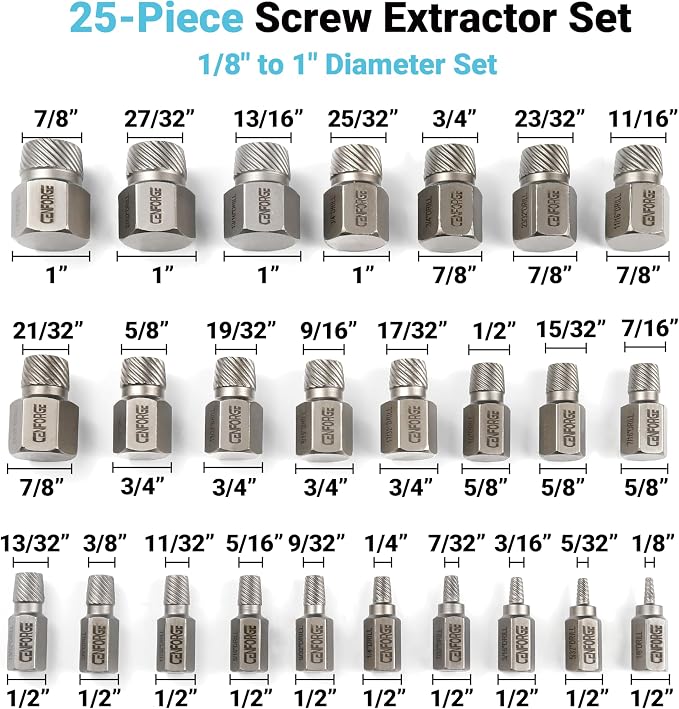 25-Piece Screw Extractor Set, Hex Head Multi-Spline, Easy Out Bolt Extractor Tool, Chrome Molybdenum Alloy Steel Heavy Duty EZ Out Rounded Screw Remover, 1/8" to 1" diameter