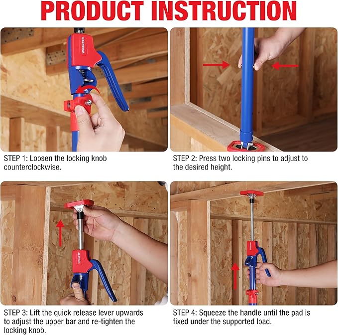 WORKPRO Cabinet Jack Support Pole, 23-5/8" to 45-1/4" Steel Telescopic Quick Support Rod Adjustable 3rd Hand Support System with 154 lbs Capacity for Cabinet Jack, Drywall Jack& Cargo Bars, 2-Pack
