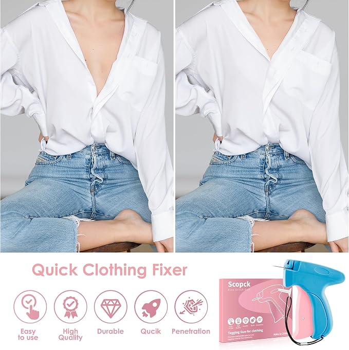 Stitch Gun for Clothes - Handheld Stitch Gun Quick Clothing Fixer - Mini Sewing Kit Micro Tagging Gun - Includes 6 Needle, 1000 Black Fasteners & 1000 White Fasteners（Pink-Blue）