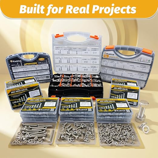 Kadrick 456Pcs 18-8(304) Stainless Steel Hex Bolts Assortment,1/4-20 5/16-18 3/8-16 Heavy Duty Bolts and Nuts Kit, Assorted SAE Bolts Nuts Flat&Lock Washers,Lenth Form 1/2''-2''