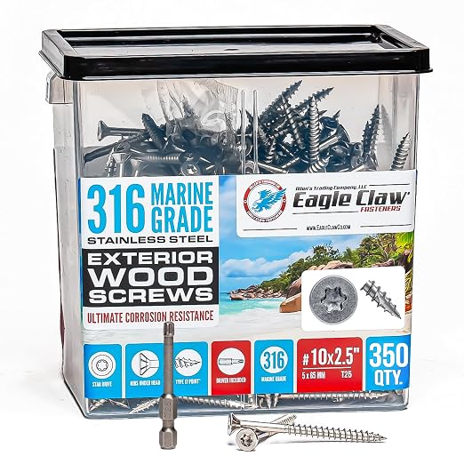 Allen's Trading Co. #10 x 2.5 Inch 316 Stainless Steel Screws Marine Grade (350 Pack, T25 Star) | Stainless Steel Wood Screws w/Driver Bit | High Corrosion Resistance for Coastal Construction