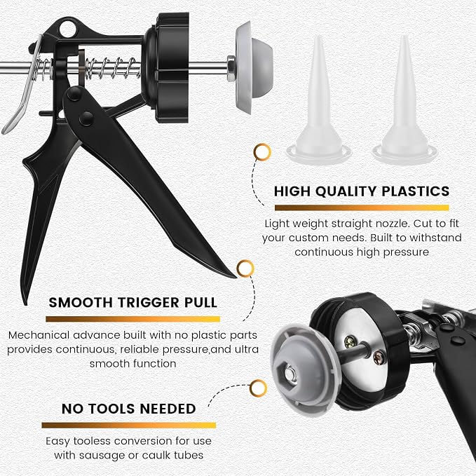 Lasnten 2 Pack Sausage Caulk Gun 20 oz Aluminum Cordless Sausage Caulking Gun with 4 Cone Nozzles, 18: 1 Thrust, Aluminum Sealant Hand Caulk Kit for Contractors (Gold)