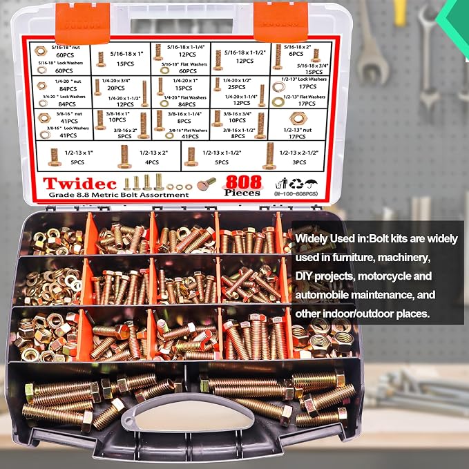 Twidec/808pcs Grade 8.8 Hex Head Nuts and Bolts Assortment Kit,SAE Bolt Assortment, 1/4-20 5/16-18 3/8-16 1/2-13 SAE Heavy Duty Bolts and Nuts Kit, Flat & Spring Lock Washer Gold Zinc Plating