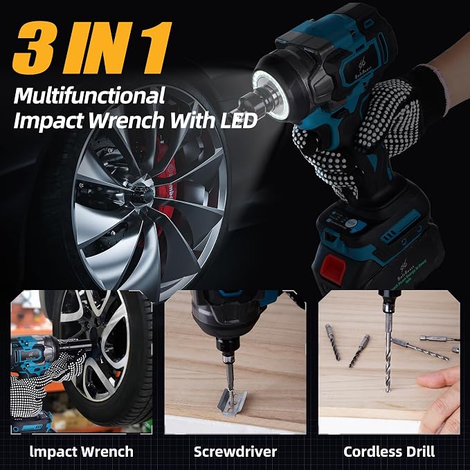 500N.m Brushless Cordless 1/2" Impact Wrench 3500RPM 21V Tool | 21V battery, 4000mAh battery, fast charger, LED work light, 7 sockets, 6 drill bits, 6 screwdrivers, waist hook, storage case