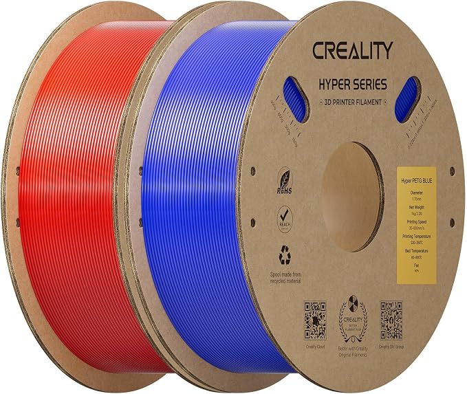 Creality Hyper PETG Filament Bundle 1.75mm 2KG, 3D Printer PETG Filament Designed for High Speed 30-600mm/s, High Transparency & Impact Strength, Dimensional Accuracy +/- 0.03 mm, (Blue & Red 2-Pack)