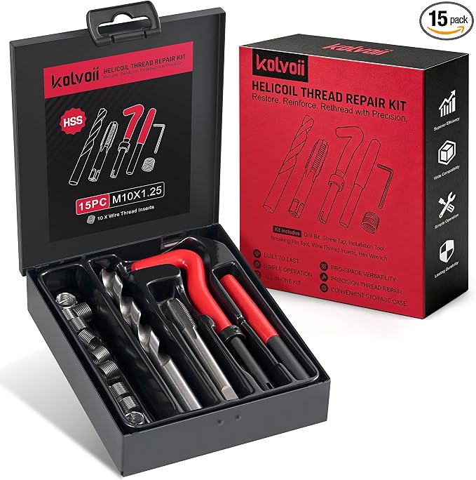 Kolvoii M10×1.25 Helicoil Thread Repair Kit, Metric M10 Helicoil kit with HSS Drill Bit, Tap & Stainless Steel Inserts for Suspension, Cylinder Head & Heavy Machinery