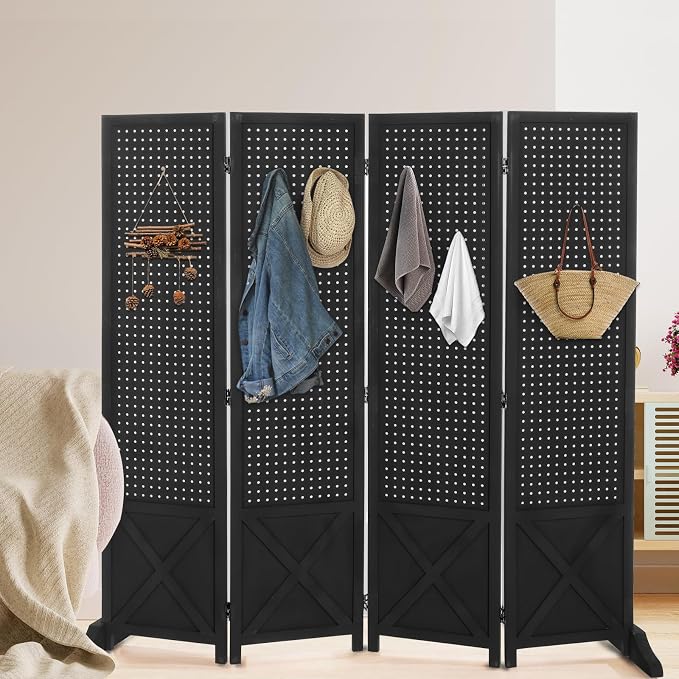 VINGLI Freestanding Pegboard with Support Feet, 5 FT Wood Room Divider Display Board Organizer, Folding Privacy Screen Partition Space Separator for Craft Shows Events Retail (Black, 4 Panel)