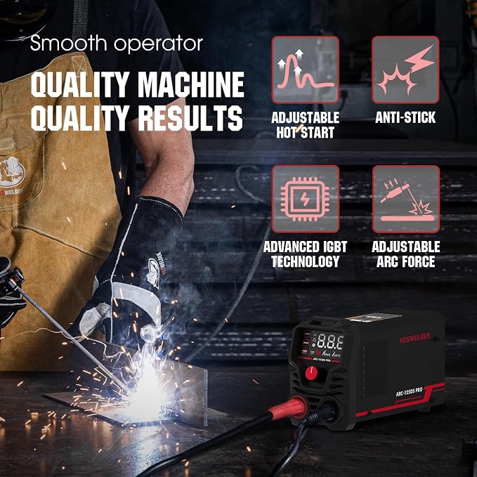 YESWELDER Stick Welder 125Amp Large LED Display Digital 110V ARC Welder & Large Viewing Screen 3.93"X3.66" True Color Solar Power Auto Darkening Welding Helmet, 4 Arc Sensors Welder Mask