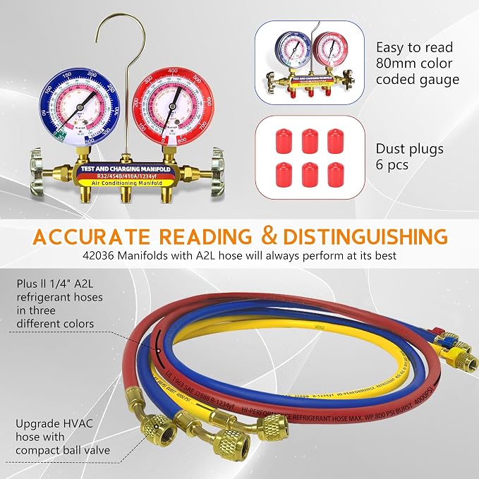 Upgrade 42036 Test & Charging Manifold with 3-1/8"(80 mm) Gauges, A2L Compatible, 2-Valve, 60" Refrigerant Hose, Color-Coded Scales, HVAC Manifold for R32/454B/410A/1234yf,Y/R/B Hoses