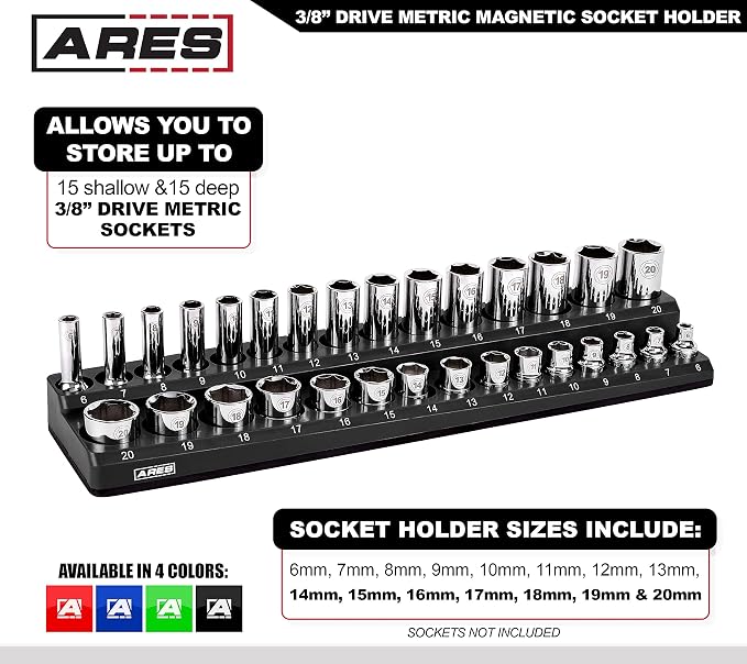 ARES 70235-30-Piece 3/8-Inch Metric Magnetic Socket Holder - Securely Holds 15 Standard and 15 Deep Size Sockets in Place - Keeps Your Tool Box Organized