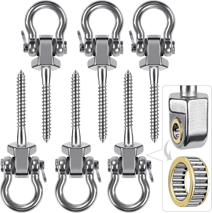 BeneLabel Heavy Duty Swing Hangers with Bearings - Set of 6 Stainless Steel 304 Screw Brackets for Hanging Chairs, Swings, Hammocks, Punching Bag - Indoor & Outdoor Use - 1500LB Capacity
