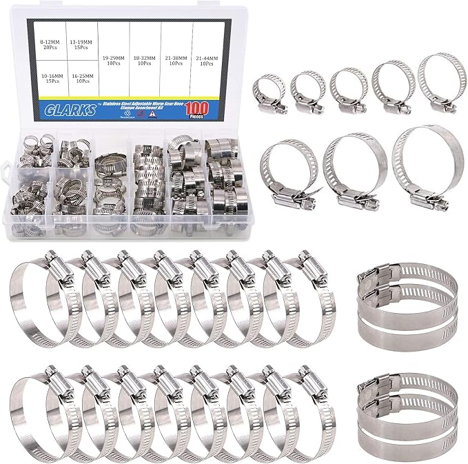 Glarks 100Pcs Adjustable 8-44mm Range 304 Stainless Steel Worm Gear Hose Clamps Assortment Kit+ 20pcs Adjustable 40-63mm Range 304 Stainless Steel Worm Gear Hose Clamps