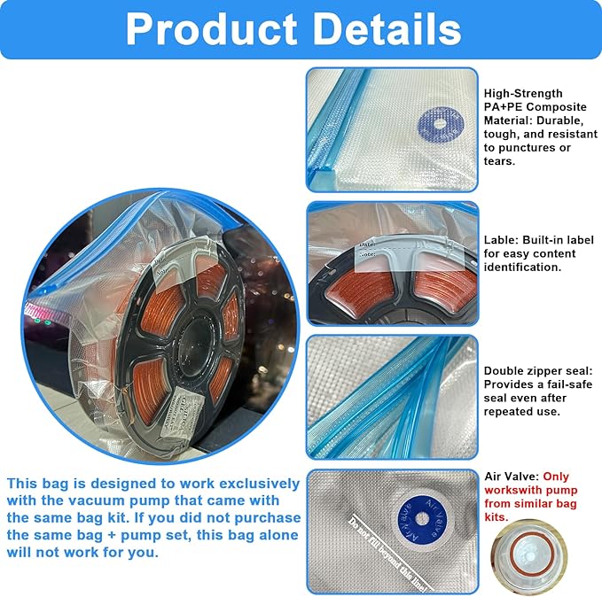 100 PCS Filament Storage Bags, 3D Printer Filament Bags, 12.6 x 13.4 in | Reusable Vacuum Storage Bag Kit with Sealing Clips, Desiccants, Humidity Indicator Card and Mini Silicone Cover, White