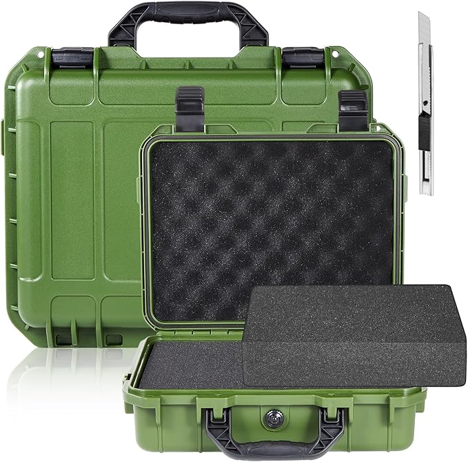 Relaxweex 1 Pcs Waterproof Hard Case with DIY Customizable Foam Insert Portable Protective Case with Knife for Camera Drones Equipments Tools Test Instruments(Green,14.3 x 11.4 x 4.5 Inch)