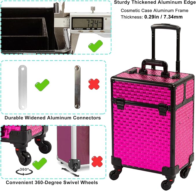 AROUS Rolling Makeup Train Case Cosmetic Travel Trolley with 4 Aluminum Trays with Sliding Rail Removable Middle Layer with Key Swivel Wheels Salon Barber Traveling Cart Trunk, Rose Red