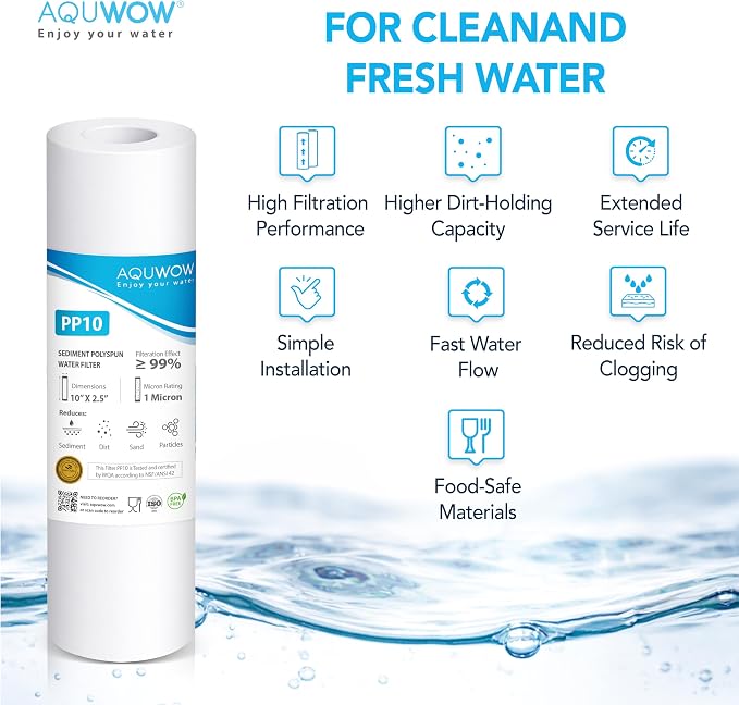 PP10 1 Micron 2.5" x 10" Polypropylene Filter Set – Replacement Cartridges for Whole House & Under-Sink Water Systems, Durable Sediment Pack (6, 10 x 2.5)