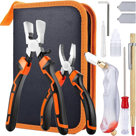 Glass Cutting Tool Kit with 8" Running Pliers with Curved Jaws, 6" Breaker Pliers, Glass Cutter 2-20mm, Replacement Blades, Screwdriver, Storage Bag for Stained Glass, Tiles, Mosaic