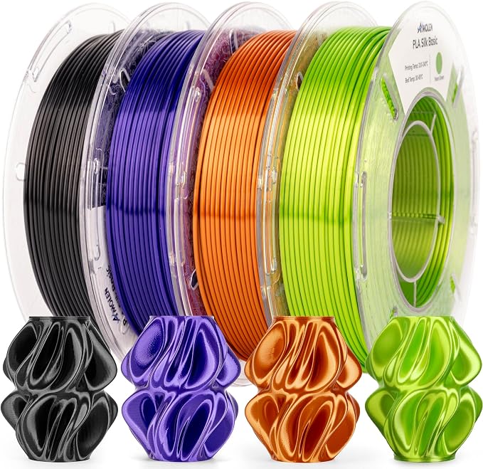 AMOLEN PLA 3D Printer Filament Silk PLA Filament 1.75mm Silk Filament Pack Black/Red Copper/Purple/Neon Green 3D Printing Filament Bundle for Holiday 3D Printing, 200gX 4 Spools