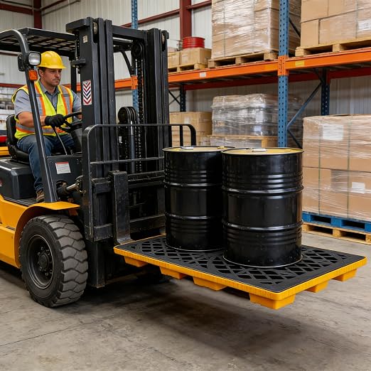 2 Drum Spill Containment Platform with Forklift Pockets, Heavy-Duty 2000 lb Capacity, Stackable Leakproof Modular Tray for Industrial & Garage Storage, 48" x 24" x 4"