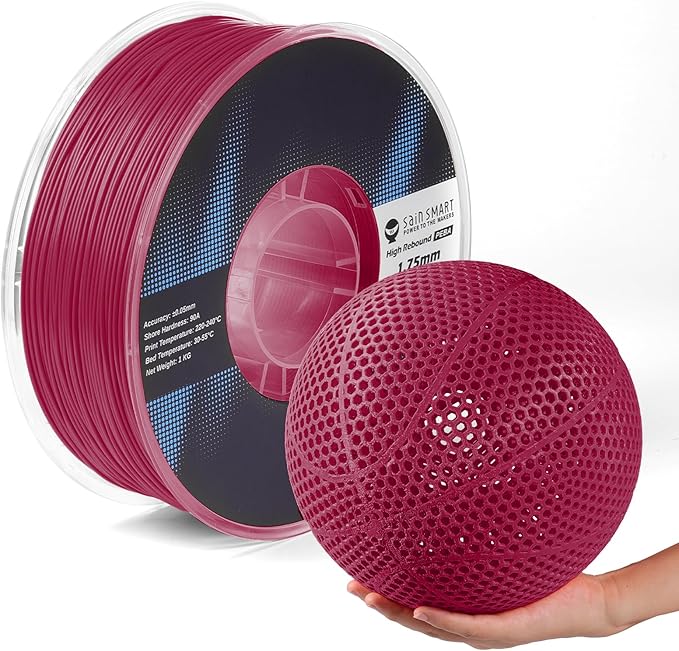 SainSmart PEBA High Rebound 90A Flexible Filament, 1KG (2.2lbs), Super TPU with 78% High Rebound, 20% Lighter & 2X Faster Printing, Nylon-Based Strength, Adjustable Flexibility, 1.75mm, Red