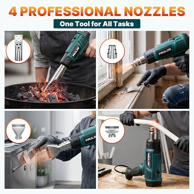 Heat Gun - PRULDE Dual Protection Fuses 1500W Heavy Duty Fast Heat Hot Air Gun with 122℉ to 1202℉ Dual-Temperature Settings and 4 Nozzles with Overheat Protection for Crafts, Vinyl Wrap, Shrink Tubing