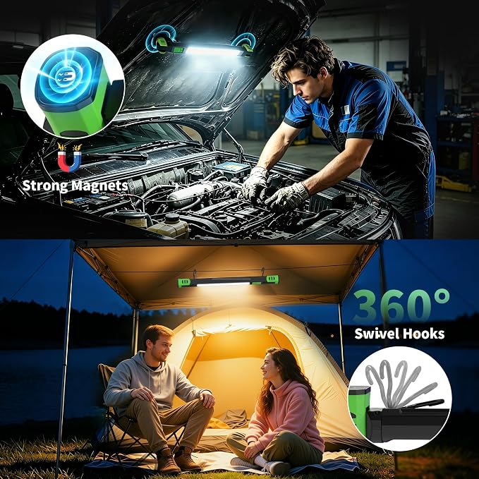 Underhood Magnetic Work Light for Mechanics, 4 Modes 2700K-6500K LED, 7800mAh 12H Battery, IP65 Waterproof, USB-C Rechargeable Hood Light for Car Repair/Garage/Emergency (Green)