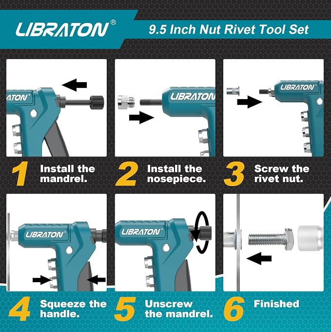 LIBRATON 9.5" Rivet Nut Tool, One-Handed Rivet Nut Gun, Hand Rivet Nut Tool Kit with 80PCS Threaded Rivet Nuts, 8PCS Interchangeable Mandrels, Metric M3-M6, SAE 6-32" to 1/4-20", with Carrying Case