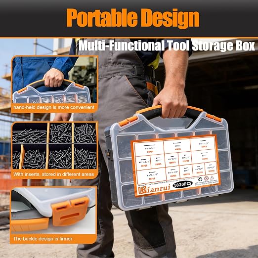 Dianrui 1020 PCS High Hardness Wood Screws Assortment Kit, #6#8 Drywall Screws, Assorted Black Wood Screws, Phillips Flat Head Screw Set-13 Sizes (5/8",3/4",1",1-1/4",1-1/2",2",2-3/4")