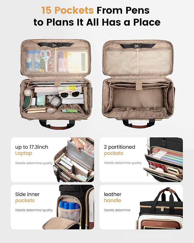 LOVEVOOK Rolling Teacher Bag with Detachable Dolly and Laptop Compartment, Large Rolling Tote Bag fits for 17.3" Laptop for Teacher Office Work Craft Nurse, Black-beige-brown