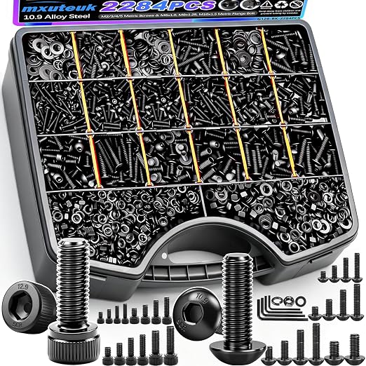 mxuteuk Metric Screw Assortment Kit,M2 M3 M4 M5 Metric Bolts and Nuts Kit,Hex Socket Button & Cap Head Machine Screws,12.9 & 10.9 Grade Alloy Steel Bolts with 5 Hex Wrench（2285PCS)