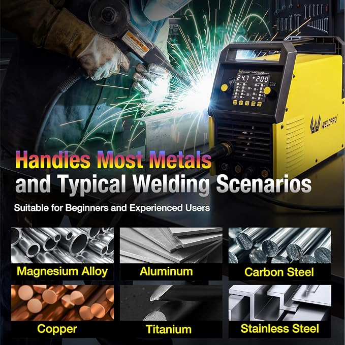 Weldpro MIG Welder, 200Amp 7-in-1 Gas MIG/Gasless Flux Core MIG/Synergic MIG/Lift TIG/MMA/Spot/Spool Gun Aluminum Multi process Welding Machine with Large LED Display, IGBT, 2T/4T, Save Job