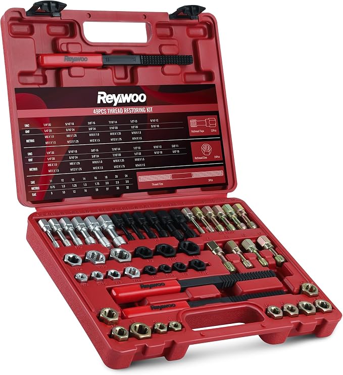Reywoo 49 PC Thread Chaser Set, Metric and SAE Thread Restorer Tool with 22 Taps 24 Dies 3 Thread Files, Master Thread Cleaner Rethreading Kit in UNC UNF Metric Sizes