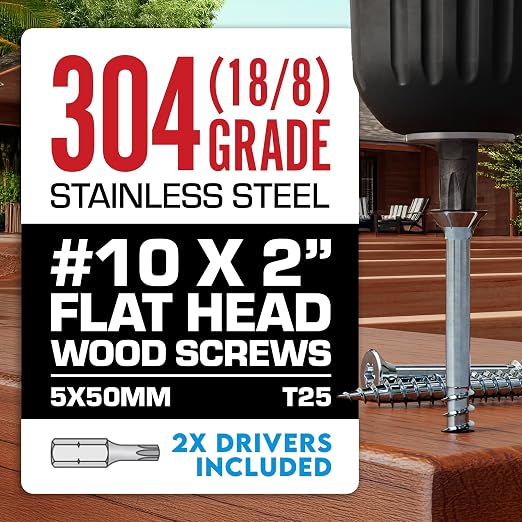 #10 x 2 Inch Stainless Steel Deck Screws | 304 Grade (1750 Pack) | Flat Head T25 Star Torx Drive | Stainless Steel Screws by Eagle Claw Fasteners | Corrosion & Rust Resistant (Includes 2 Driver Bits)