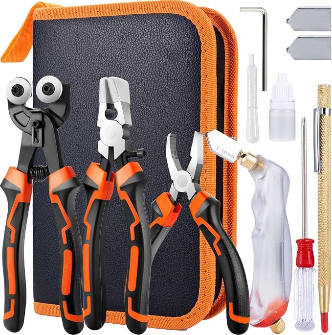 Glass Cutting Tool Kit with Tile Nipper, Glass Running Pliers, Breaker Grozer Pliers, Glass Cutter for Stained Glass, Tiles, Mosaic, with Storage Bag